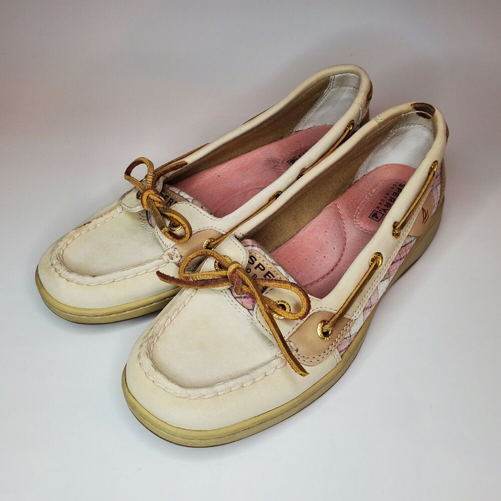 Sperry Top-Sider Women 6.5M Boat Shoes Pink Plaid Sequin Leather Cream 9303108